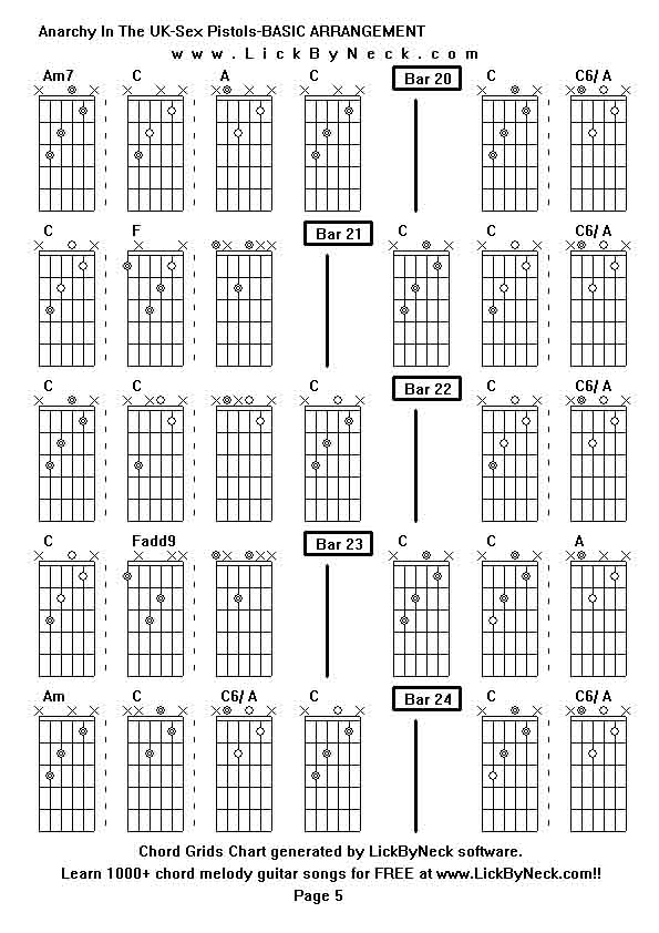 Chord Grids Chart of chord melody fingerstyle guitar song-Anarchy In The UK-Sex Pistols-BASIC ARRANGEMENT,generated by LickByNeck software.